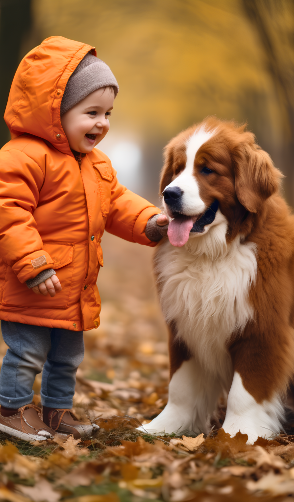 Маленькая девочка со щенком в парке осенью