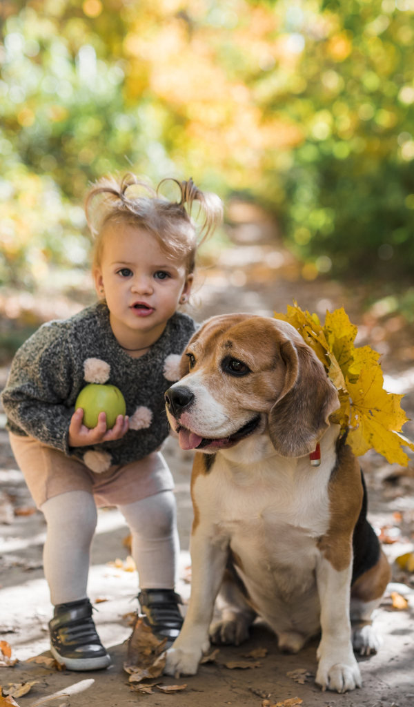 Маленькая девочка с собакой в парке