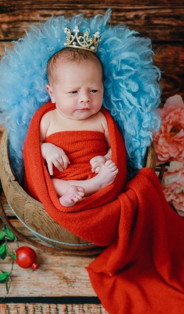 Новорожденный ребенок в красном покрывале с короной на голове 