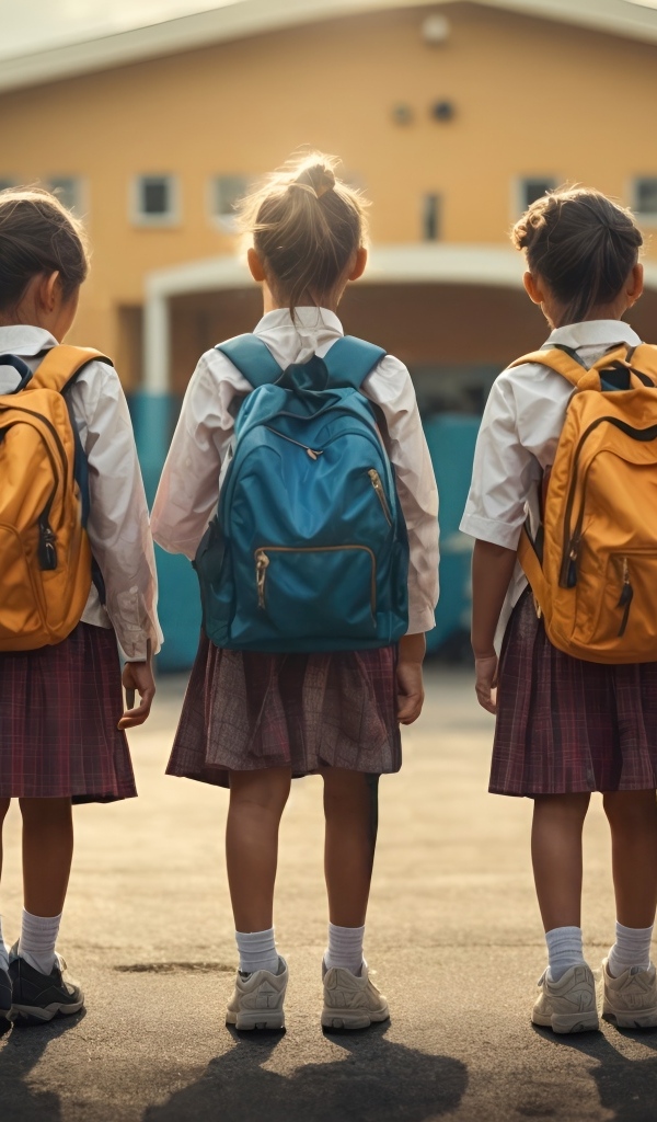 Три маленькие девочки школьницы с рюкзаками