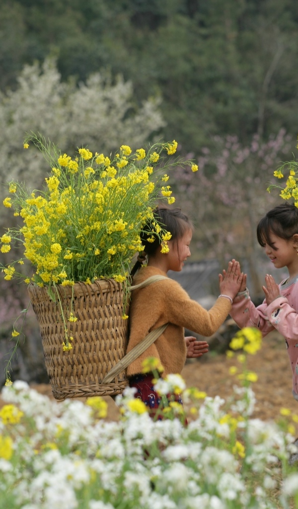 Две маленькие девочки азиатки с корзинами с желтыми цветами