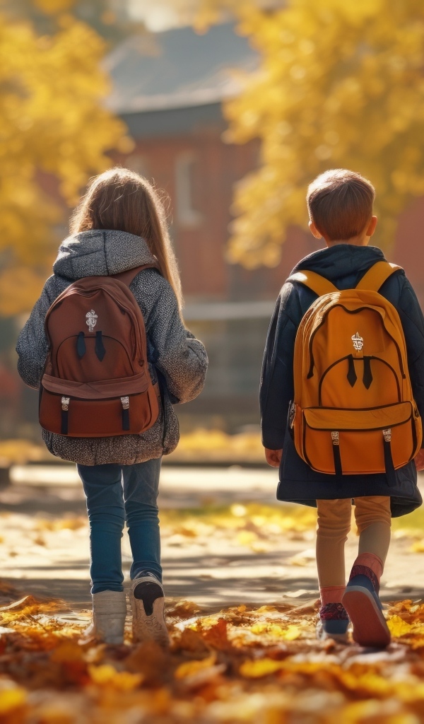 Двое детей школьников с рюкзаками на спине