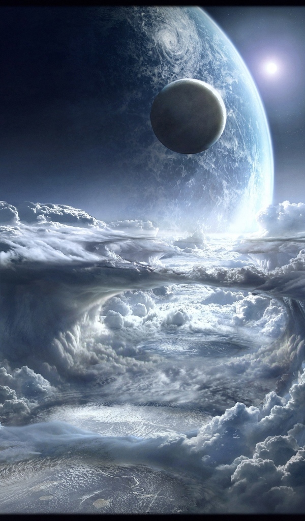 Планета над белыми облаками в космосе