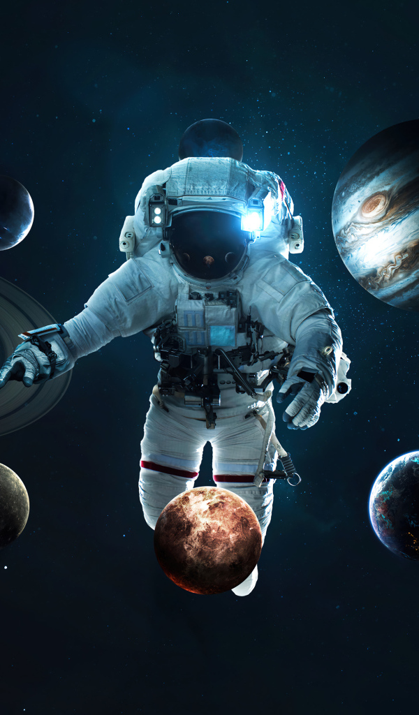 Планеты кружатся вокруг астронавта в космосе