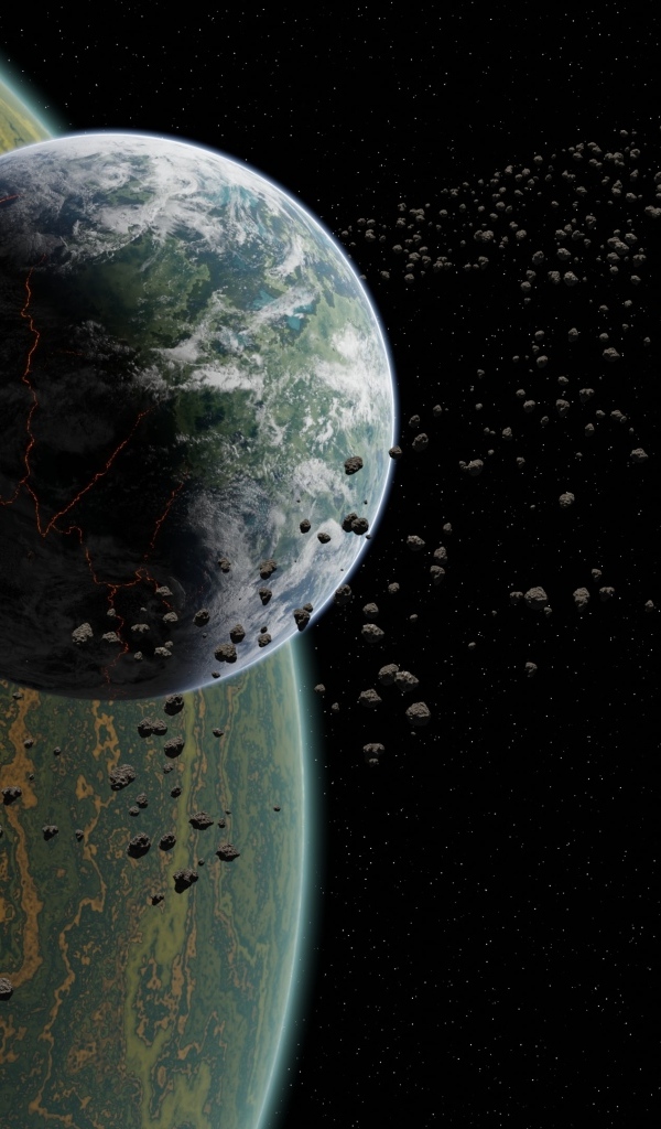 Две планеты солнечной системы с астероидами в космосе