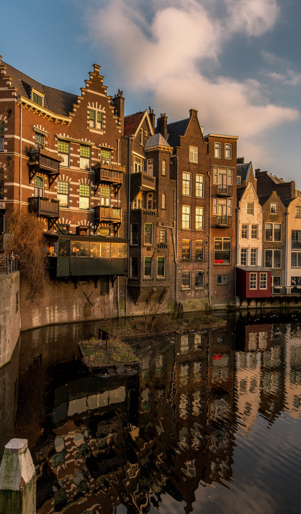 Дома стоят у водного канала, Роттердам, Голландия