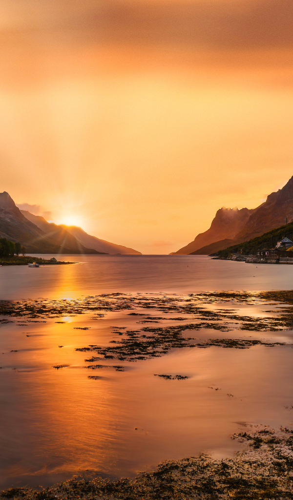 Яркое солнце в горах над заливом, Норвегия