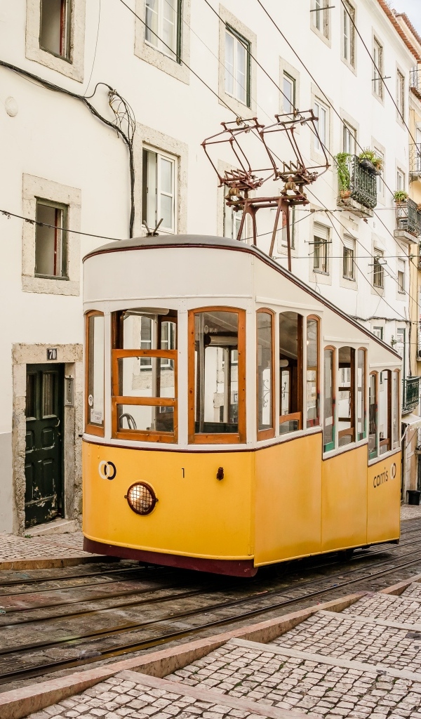 Трамвай едет по улице Лиссабона, Португалия