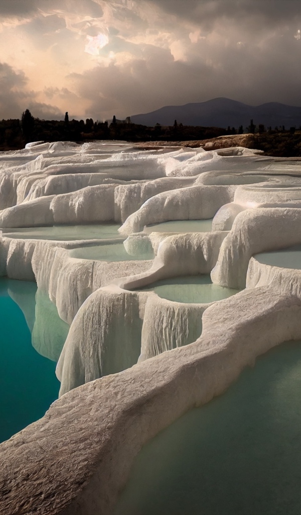 Красивый курорт Памуккале под грозовым небом Турция