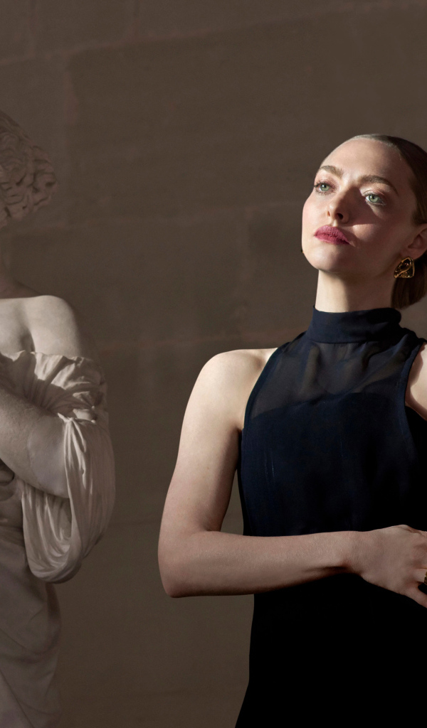 Актриса Аманда Сайфред в черном платье у статуи