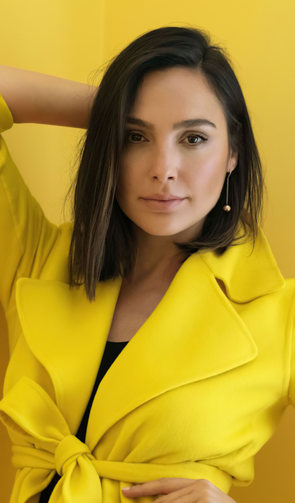 Actress Gal Gadot on a yellow background