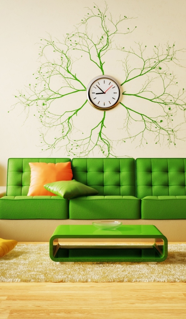Зеленый диван в комнате с часами