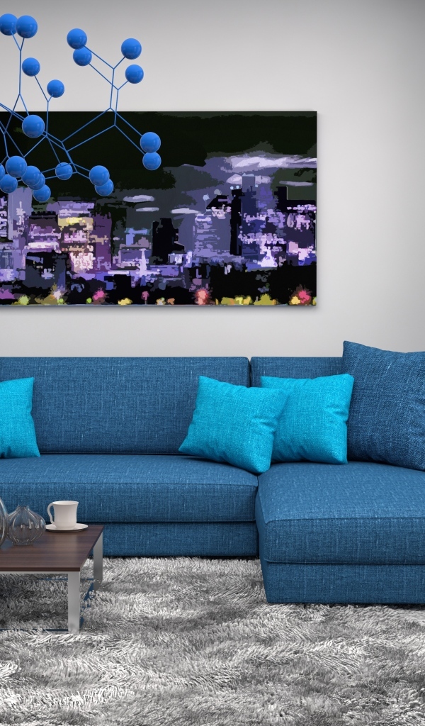 Большой синий диван в комнате в стиле модерн