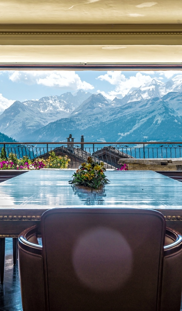 Большой стол и стулья в гостиной с красивым видом из окна