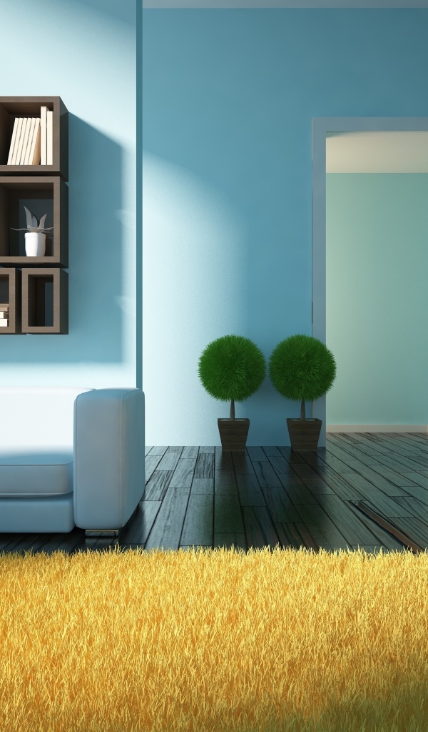 Минималистический интерьер в комнате с голубыми стенами
