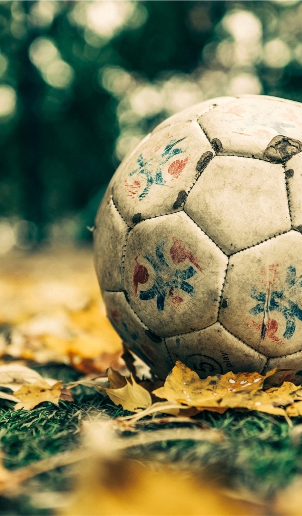 Старый футбольный мяч на листве 