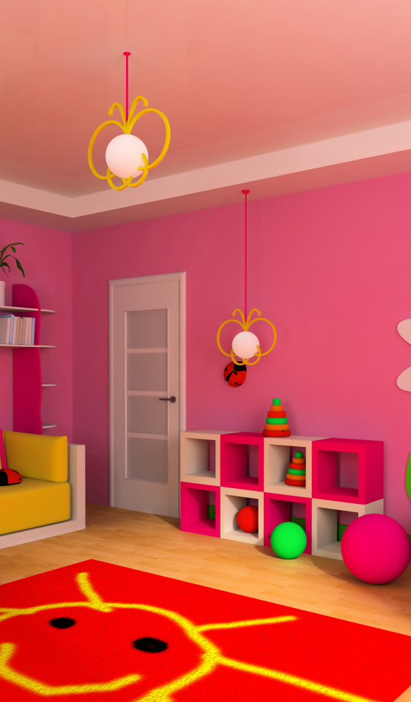 Розовые стены с рисунками в детской комнате