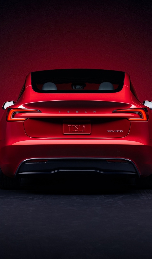 Красный автомобиль Tesla Model 3 2023 года вид сзади