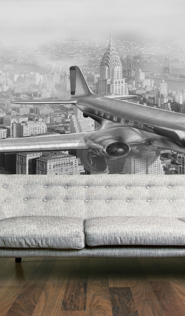 Диван в комнате с фотообоями