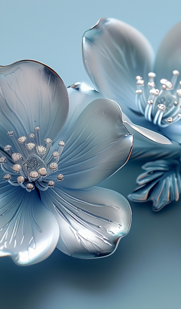 Красивые серебряные 3д цветы на голубом фоне