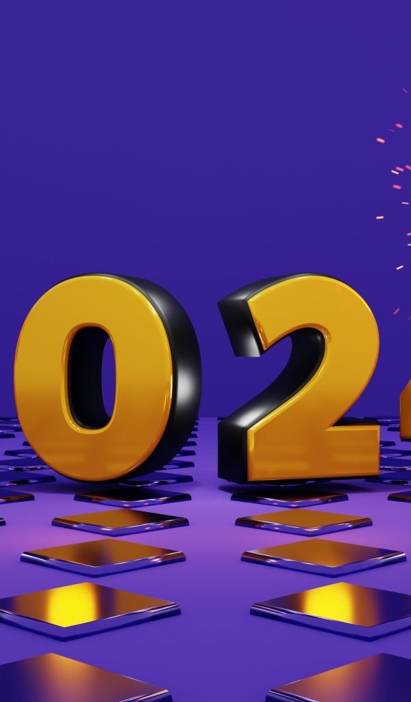 Яркие оранжевые цифры 2024 на фиолетовом фоне