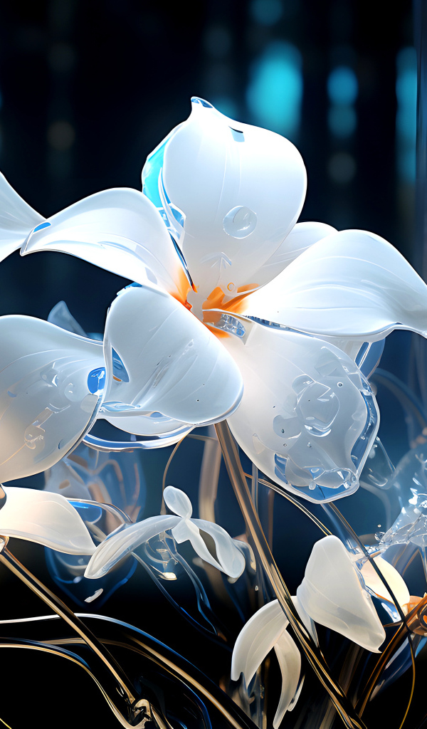 Стеклянные белые цветы на темном фоне
