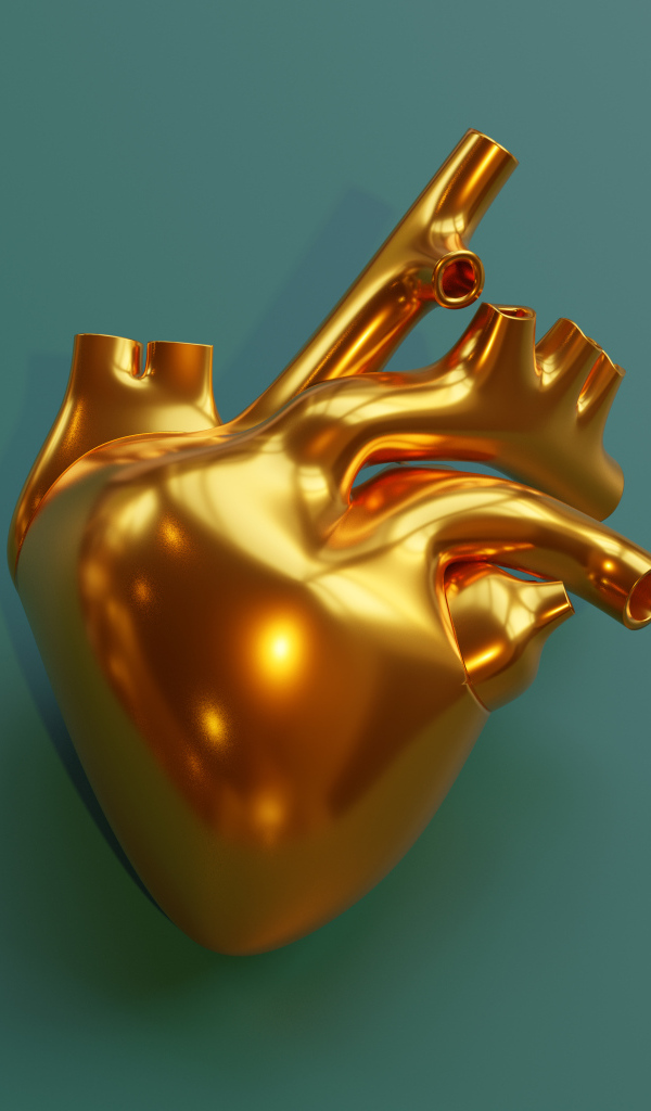 Золотое 3д сердце на зеленом фоне
