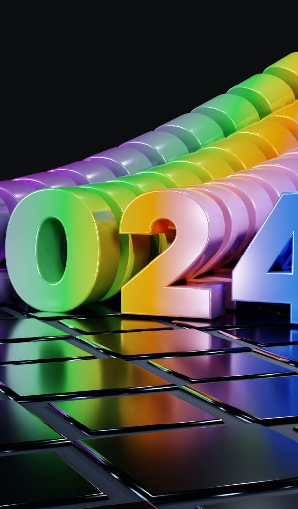 Разноцветные цифры 2024 на черном фоне с квадратами