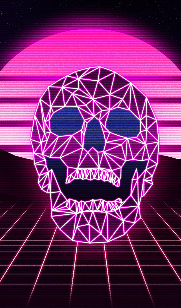 Розовый неоновый череп из линий на фоне сетки