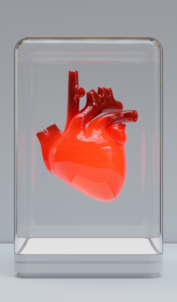 Красное 3д сердце в стеклянной колбе на сером фоне