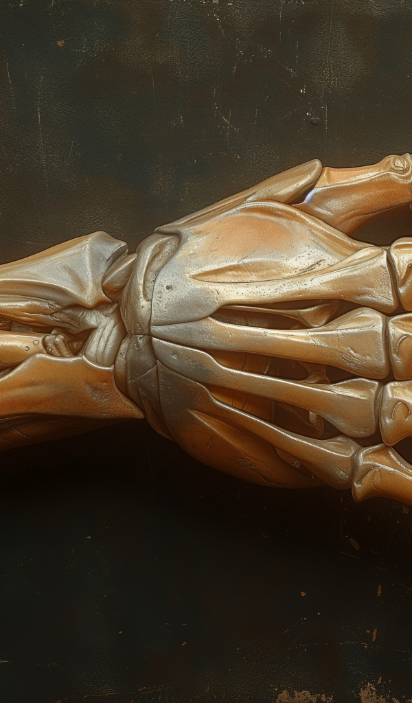 Рука скелета на серой поверхности 3д графика