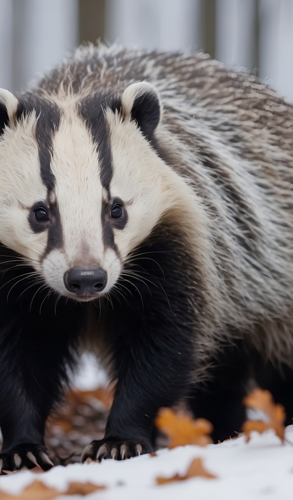 Большой барсук в заснеженном лесу