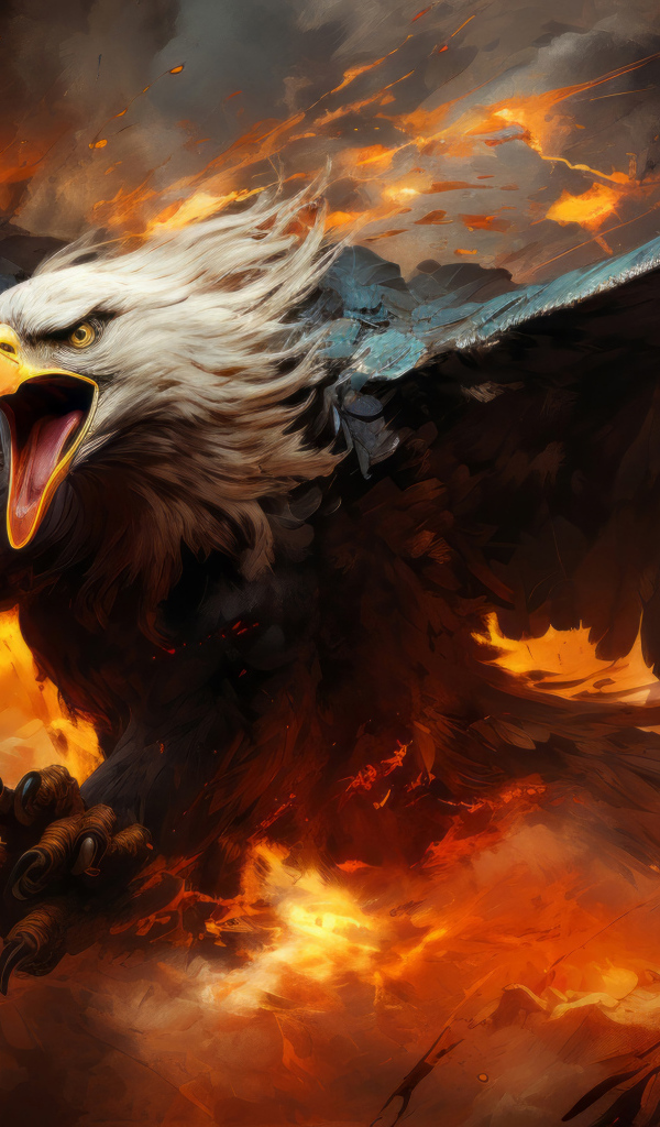 Хищный орел летит в огненном небе