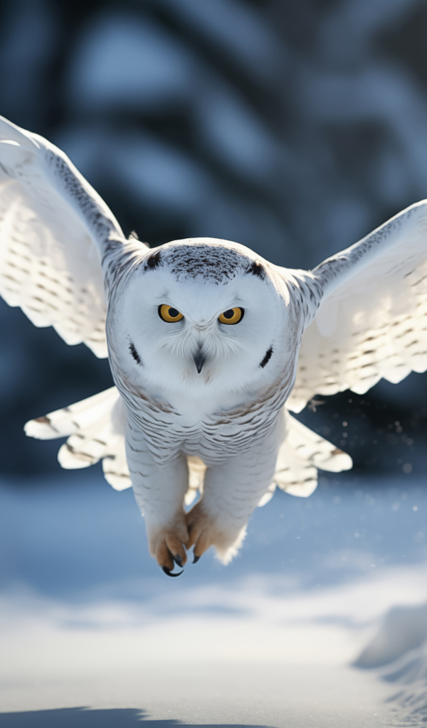 Большая белая сова летит над снегом