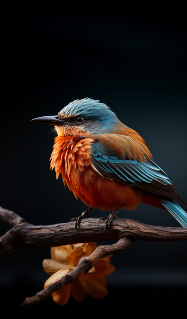 Птица зимородок сидит на ветке дерева на черном фоне