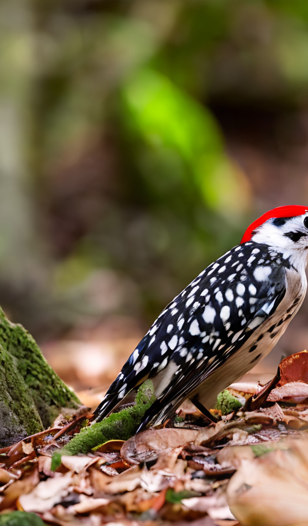 Пятнистый дятел сидит на опавшей листве