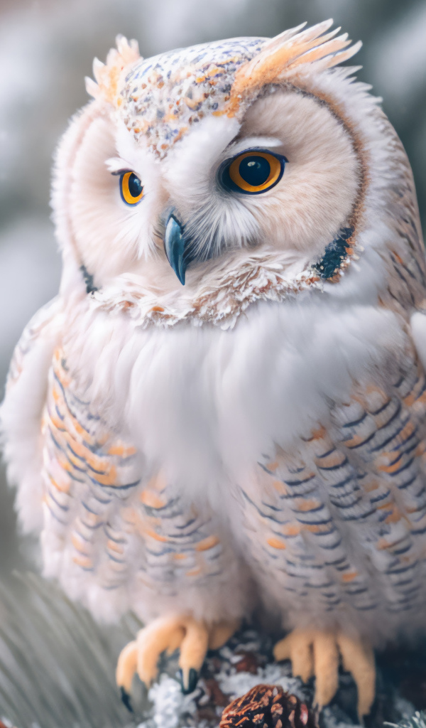 Белая сова сидит на заснеженной еловой ветке