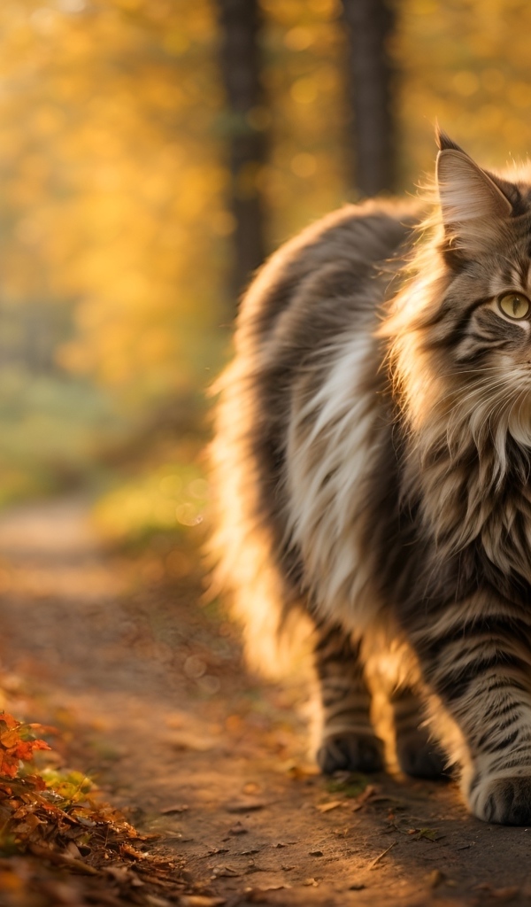 Большой пушистый кот идет по лесу