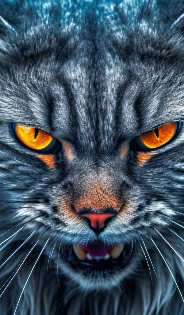 Злой серый пушистый кот с огненными глазами
