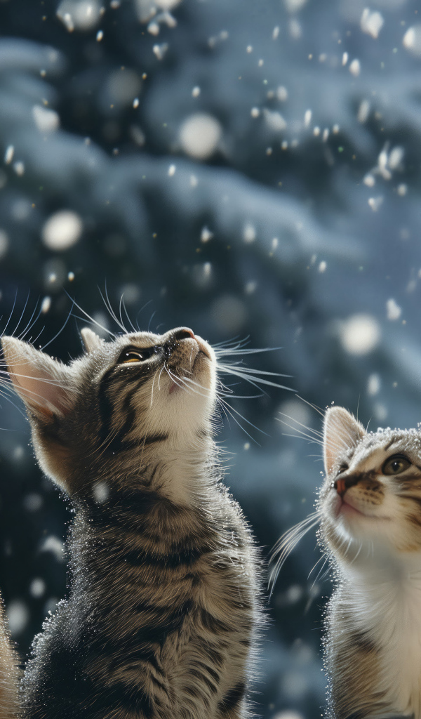 Рождественские коты смотрят вверх на снег