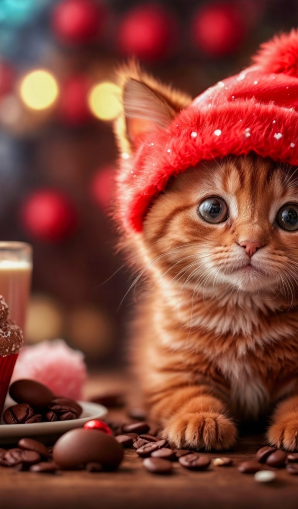 Милый маленький рыжий котенок с пирожным