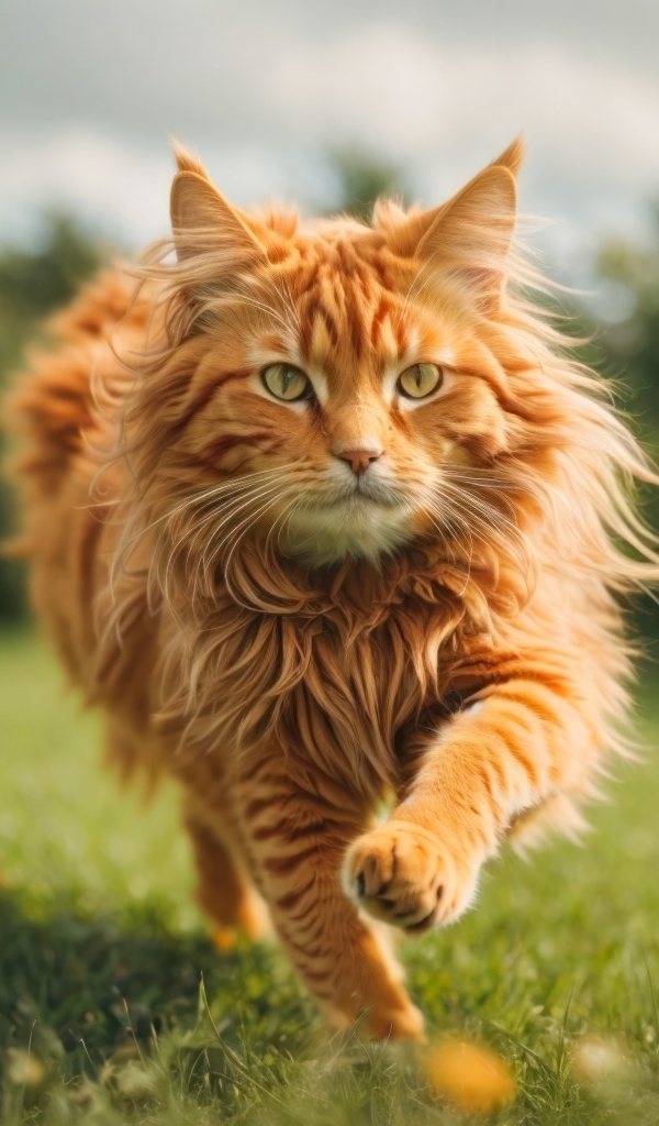 Пушистый рыжий кот бежит по зеленой траве