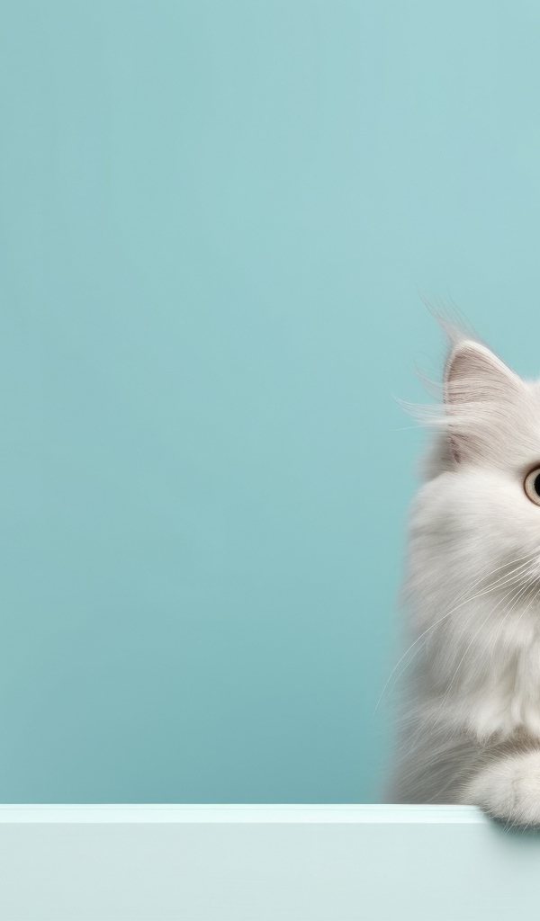 Пушистый белый породистый кот на голубом фоне