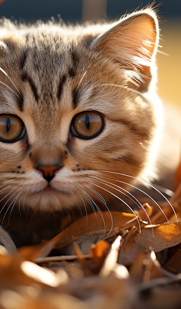 Забавный серый котенок прячется в сухой траве