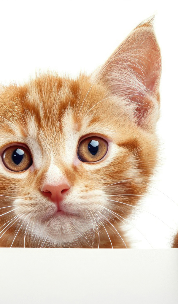 Смешной маленький рыжий котенок на белом фоне