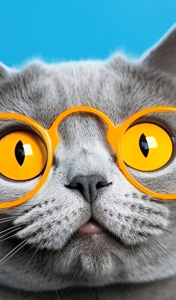 Серый кот в желтых очках на голубом фоне