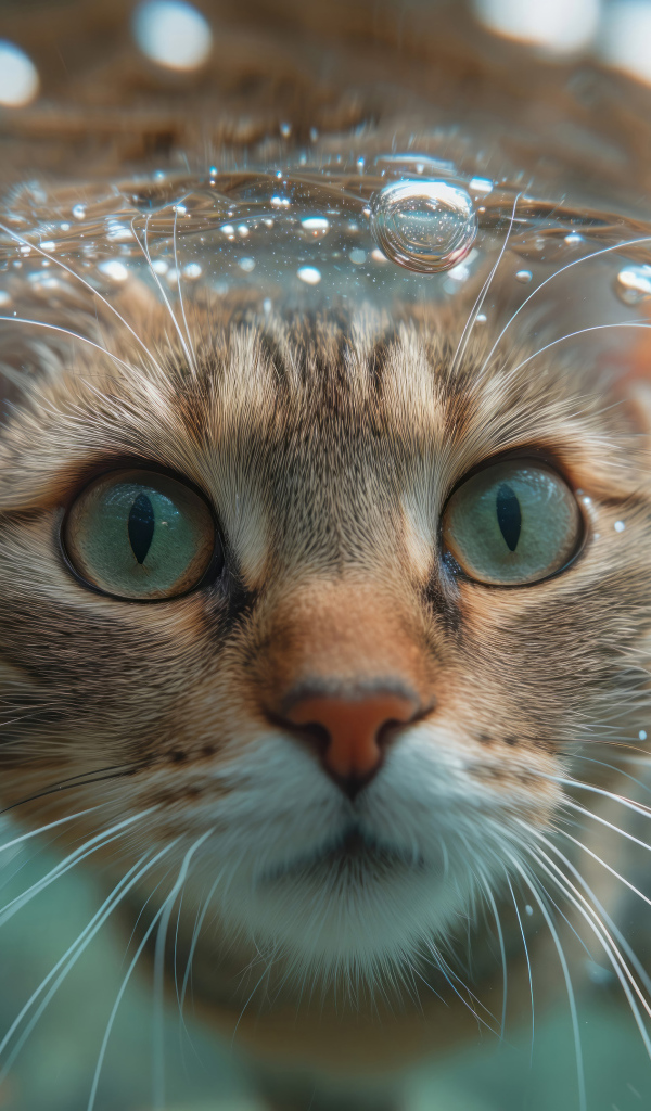 Зеленоглазый кот под водой