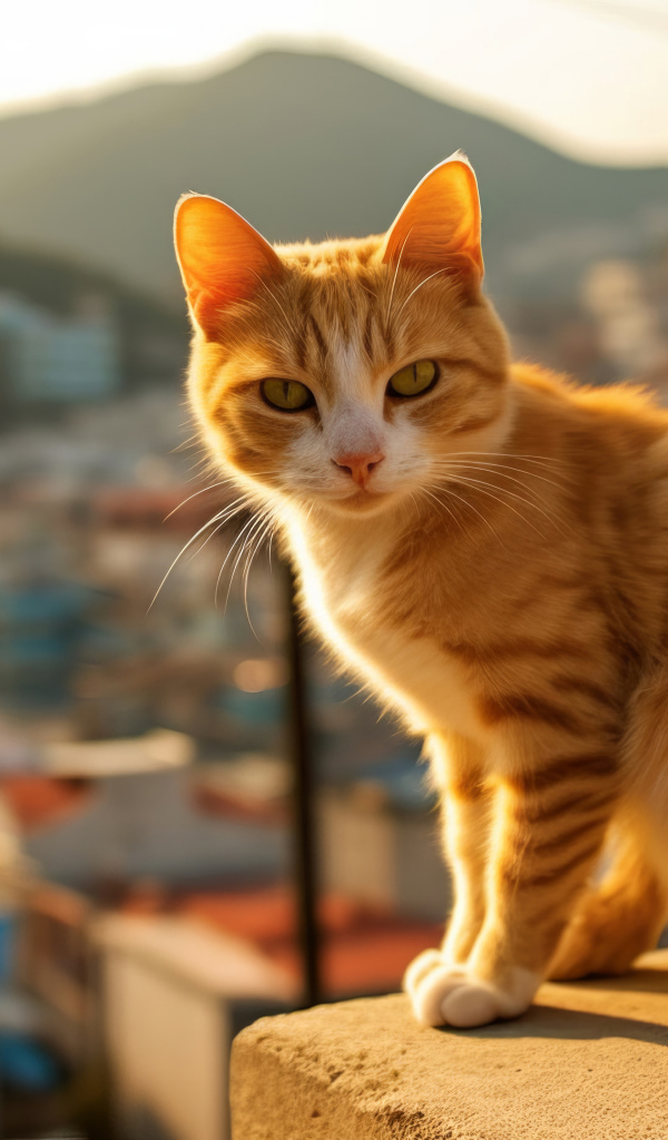 Рыжий кот в лучах солнца на балконе