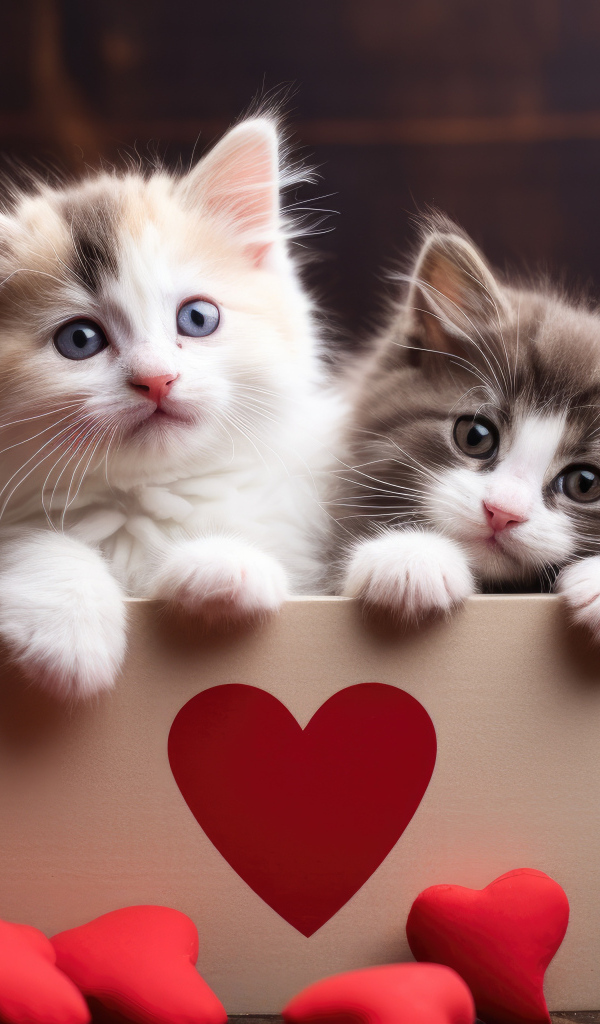Два маленьких котенка в коробке с сердечками
