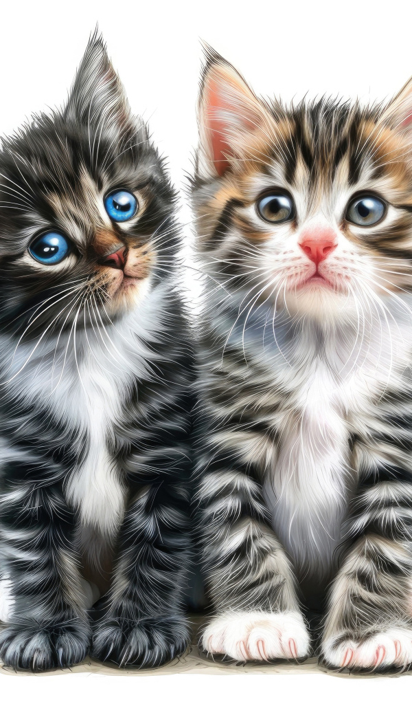 Два маленьких серых котенка на белом фоне